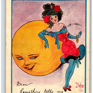 Fantasy Postcard Dwig Lady Leans On Big Moon Human Face Anthropomorphic Rose 21